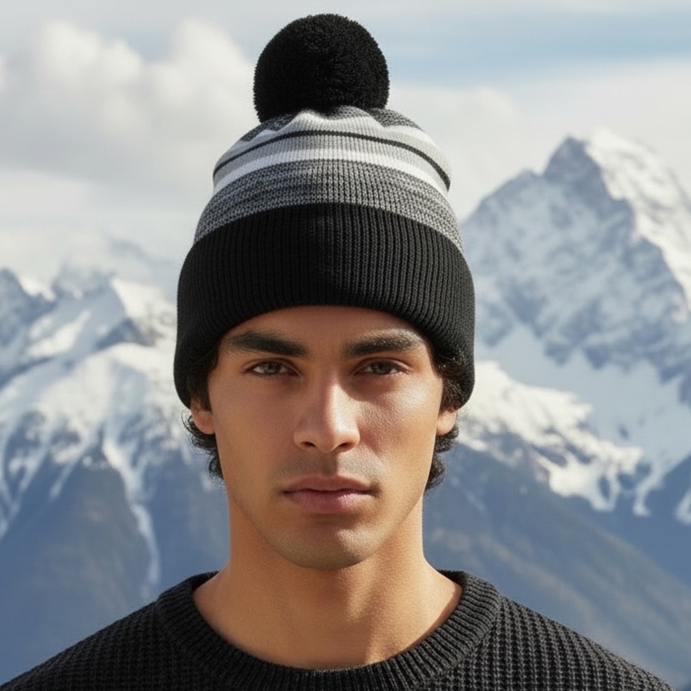 ChoKoLids Unisex Striped Pom Pom Stocking Cap Hat Black Gray and White NEW